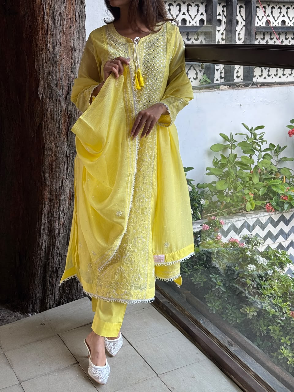 Yellow Soft Mulmul Mirror Work X Chikankari Kurta Set