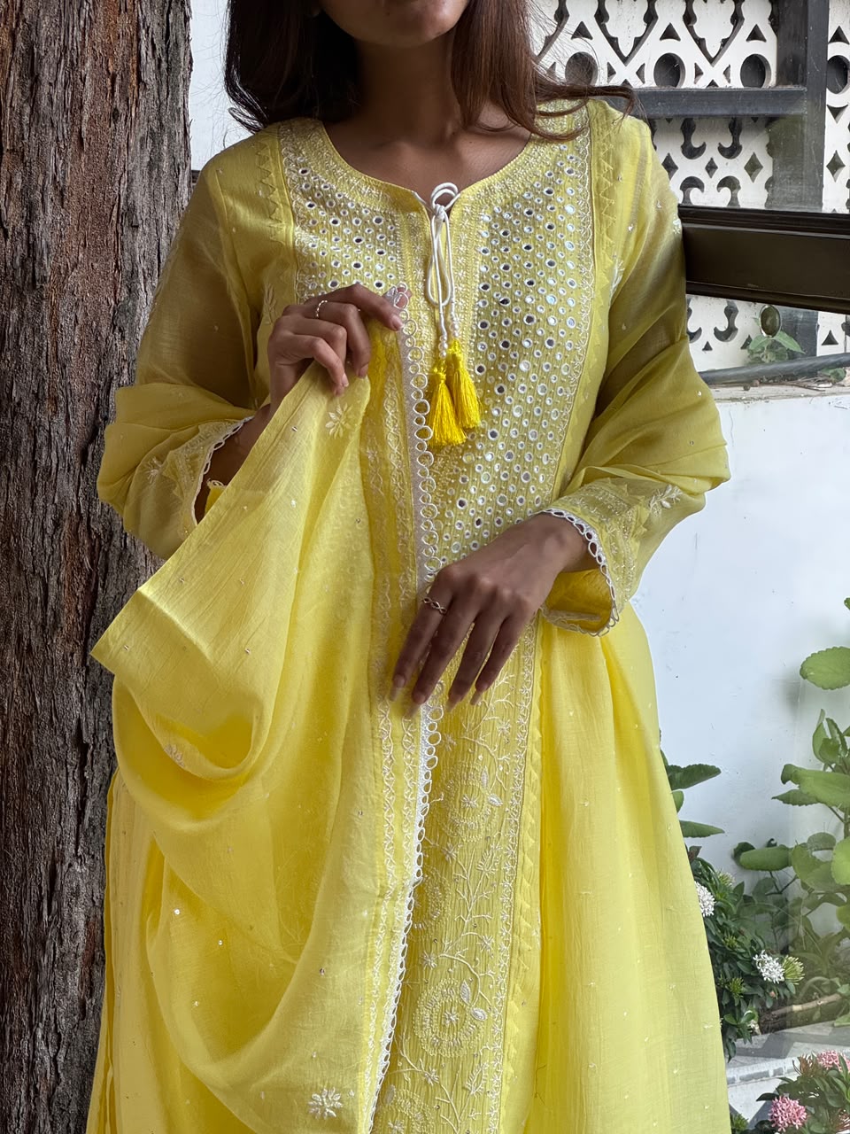 Yellow Soft Mulmul Mirror Work X Chikankari Kurta Set