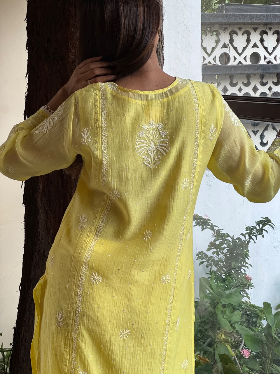 Yellow Soft Mulmul Mirror Work X Chikankari Kurta Set