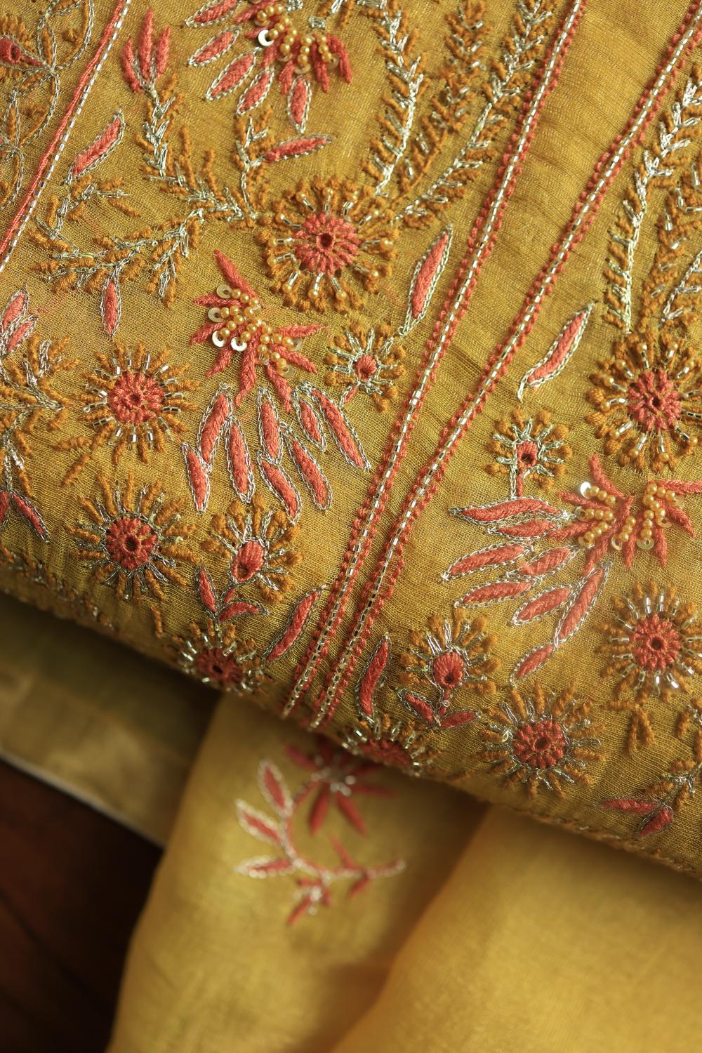 Yellow Tissue Silk Chikankari Unstitched Fabric