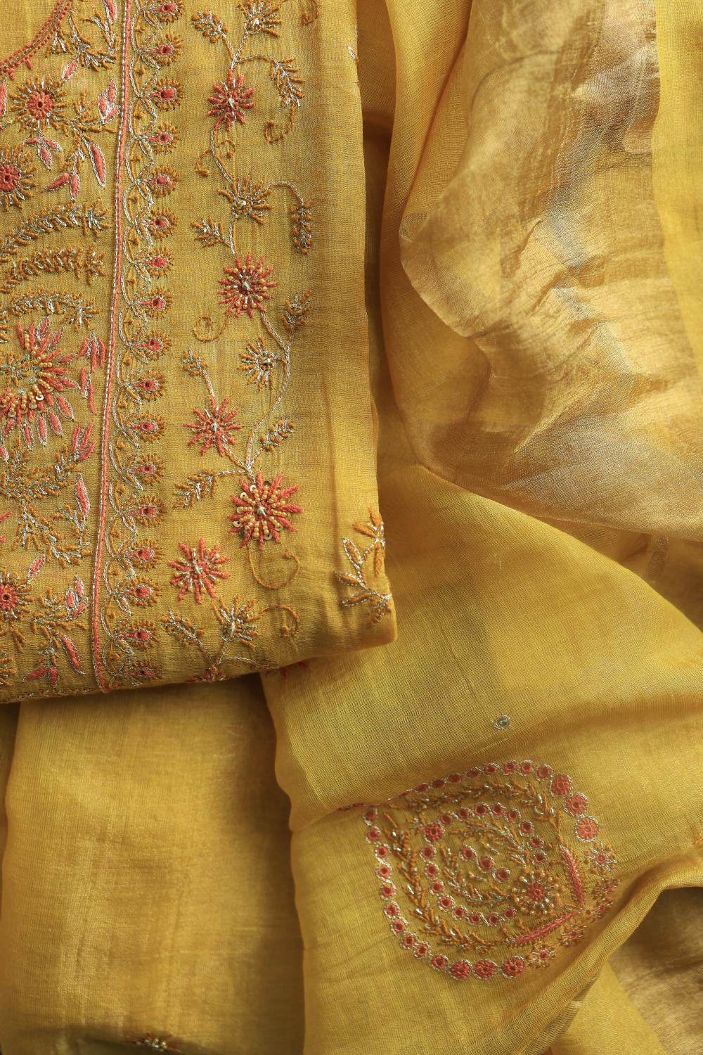 Yellow Tissue Silk Chikankari Unstitched Fabric