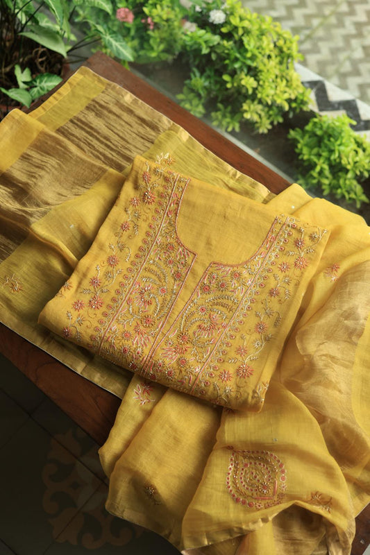 Yellow Tissue Silk Chikankari Unstitched Fabric