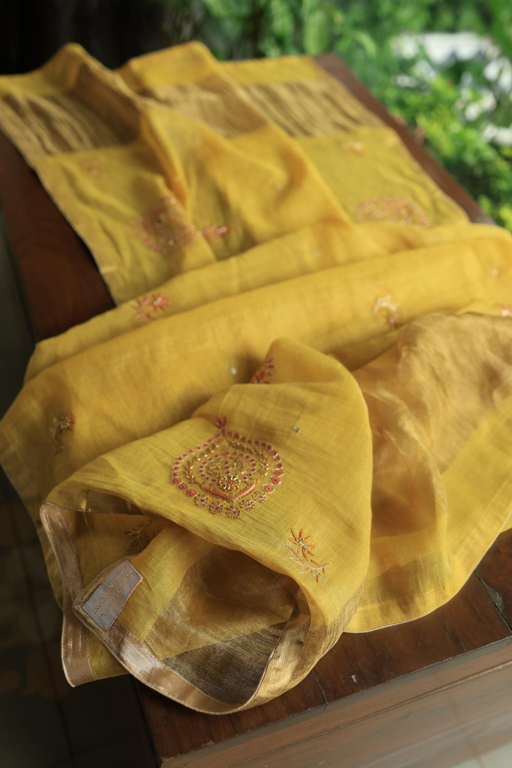 Yellow Tissue Silk Chikankari Unstitched Fabric
