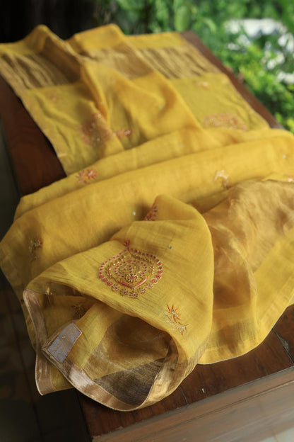 Yellow Tissue Silk Chikankari Unstitched Fabric