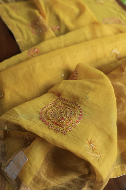 Yellow Tissue Silk Chikankari Unstitched Fabric