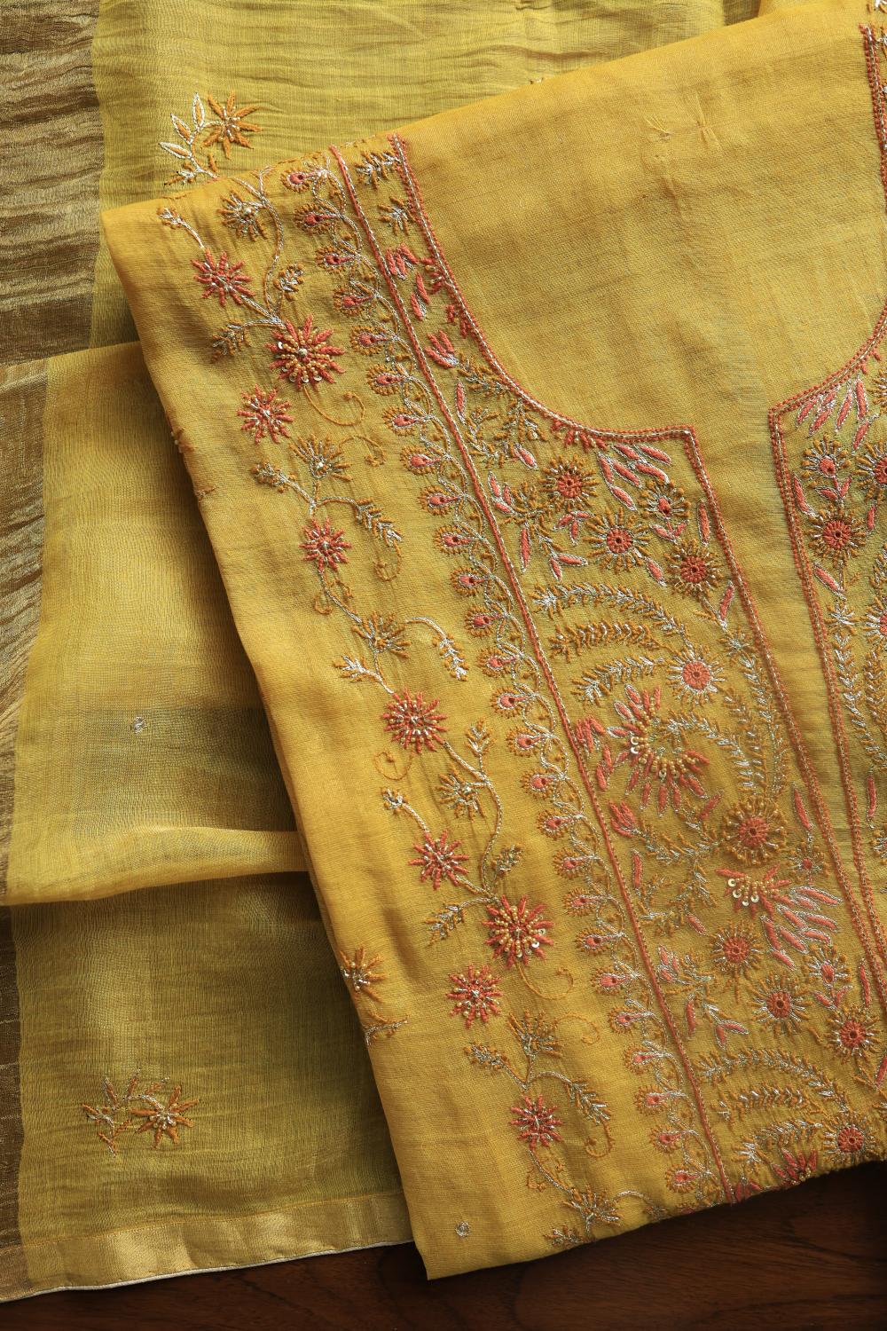 Yellow Tissue Silk Chikankari Unstitched Fabric