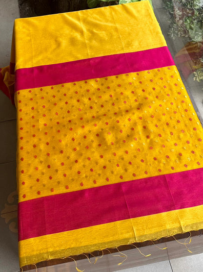 Yellow Woven Butta Saree with Contrast Pink Border