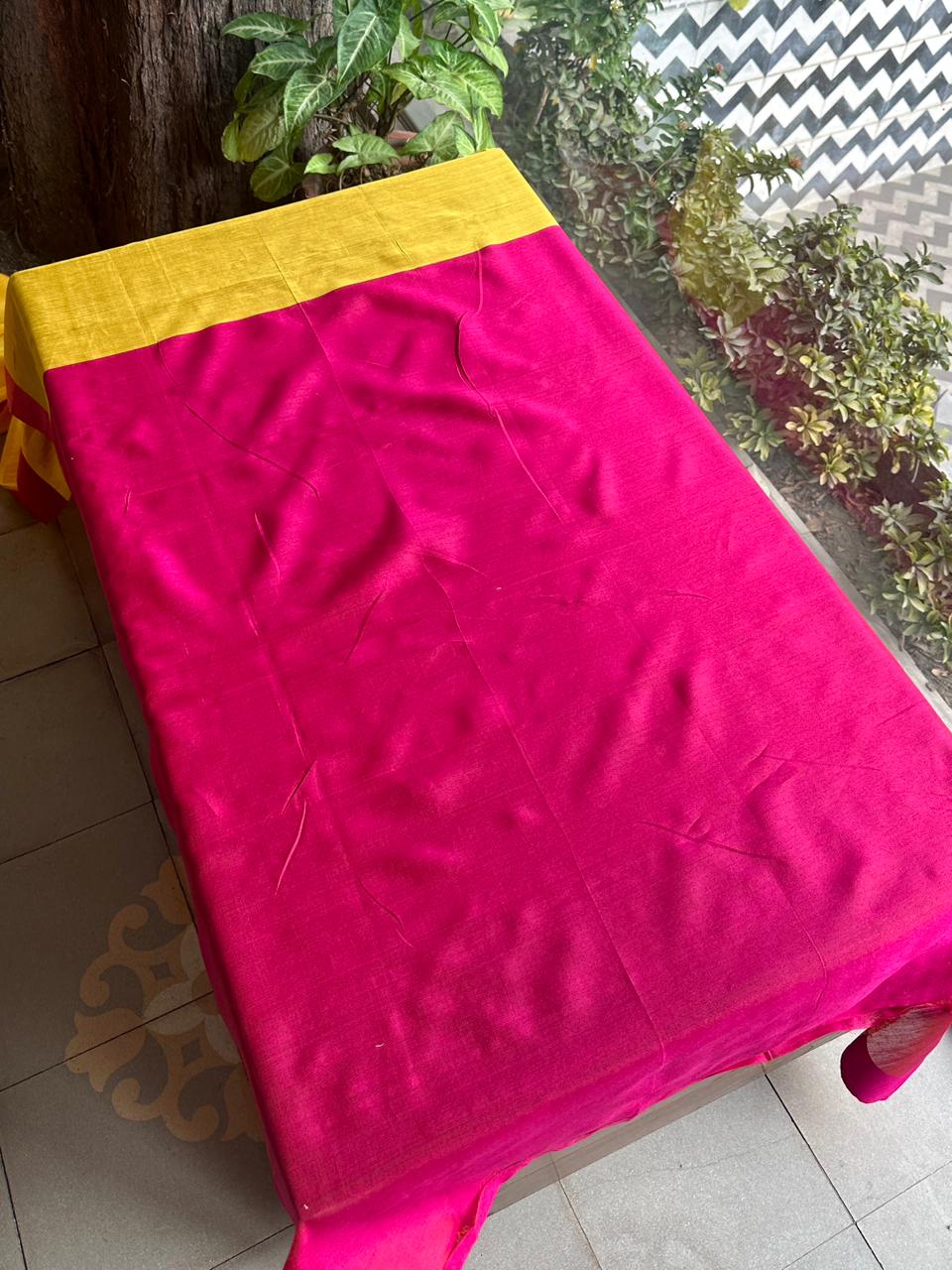 Yellow Woven Butta Saree with Contrast Pink Border