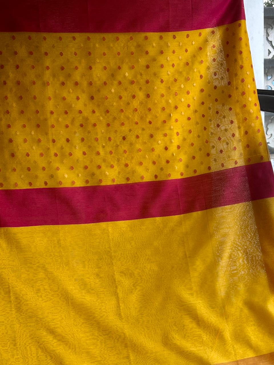 Yellow Woven Butta Saree with Contrast Pink Border