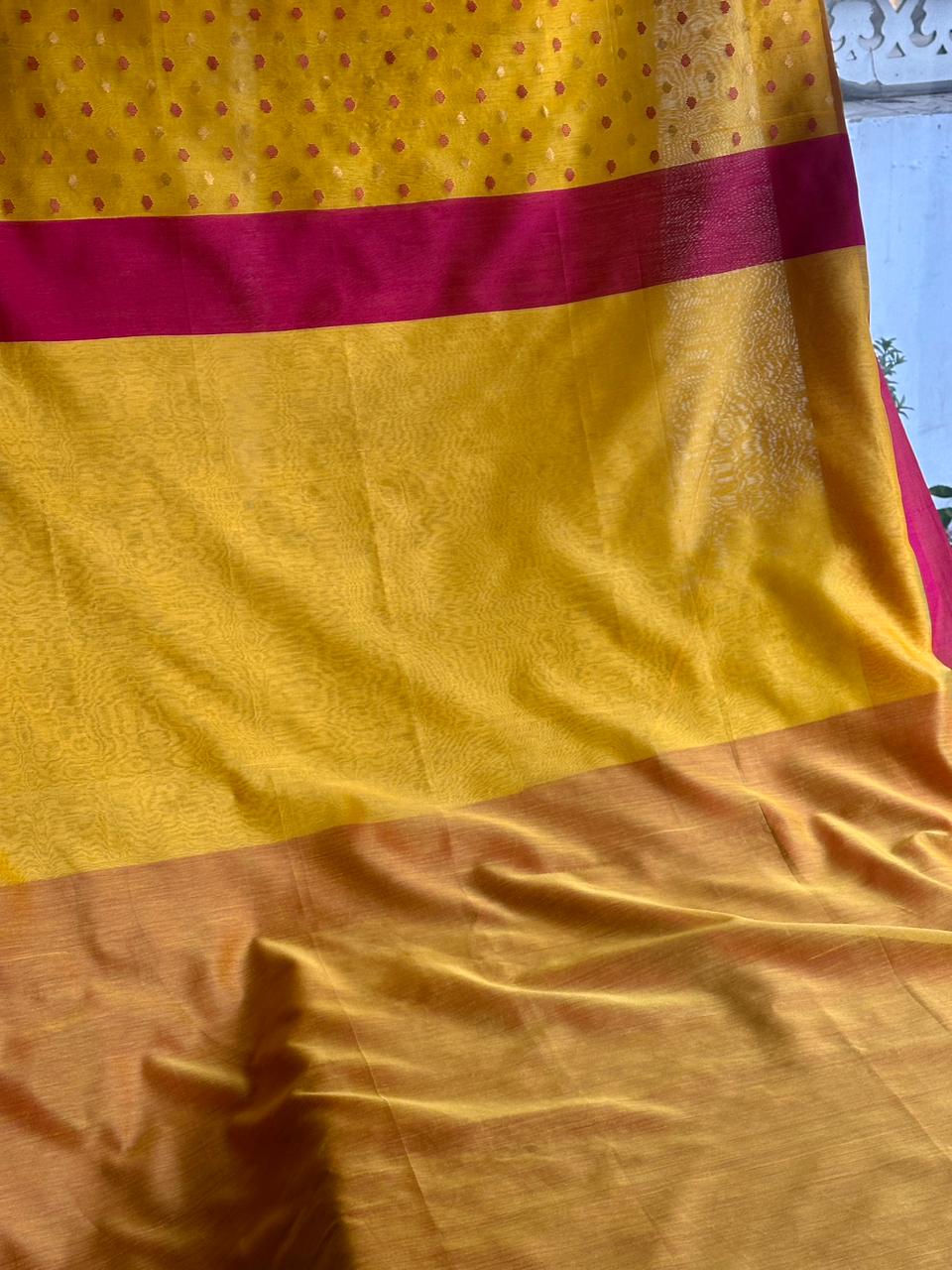 Yellow Woven Butta Saree with Contrast Pink Border