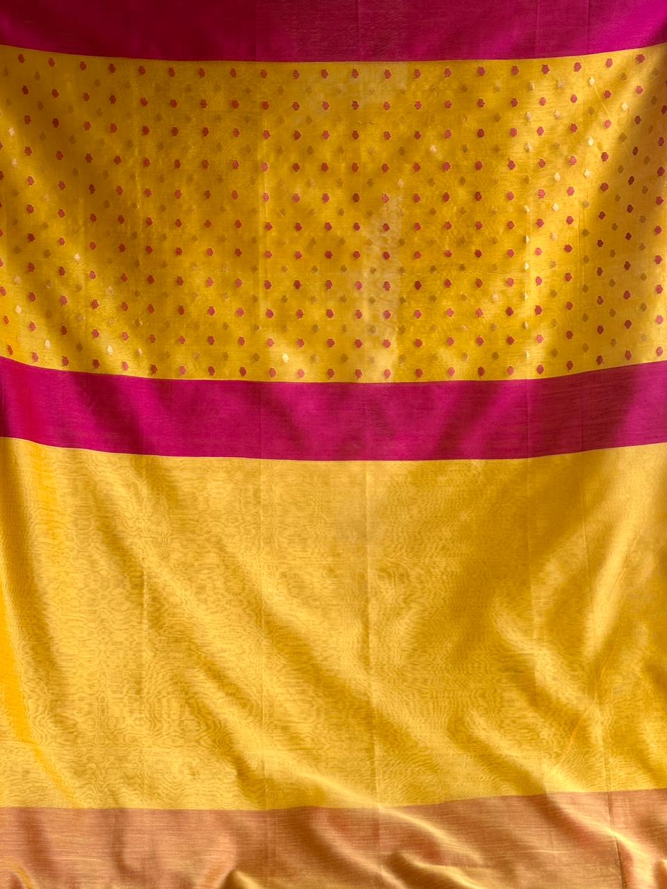 Yellow Woven Butta Saree with Contrast Pink Border