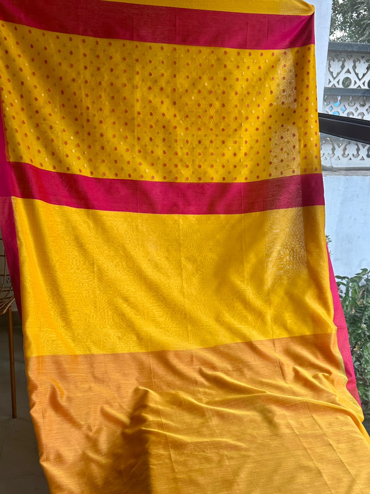 Yellow Woven Butta Saree with Contrast Pink Border