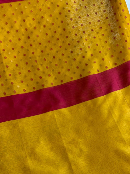 Yellow Woven Butta Saree with Contrast Pink Border