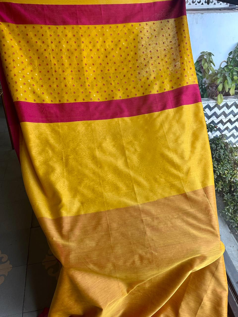 Yellow Woven Butta Saree with Contrast Pink Border