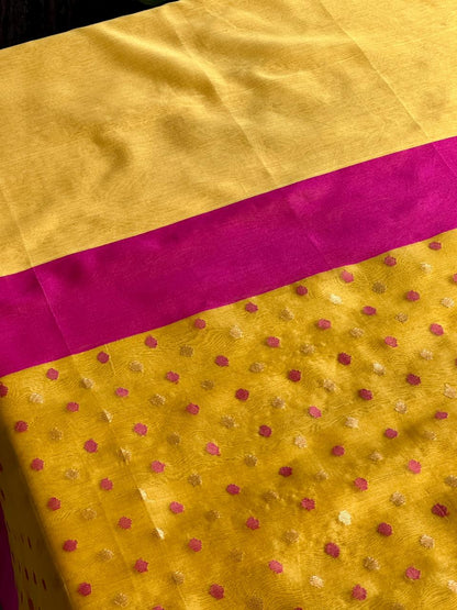 Yellow Woven Butta Saree with Contrast Pink Border