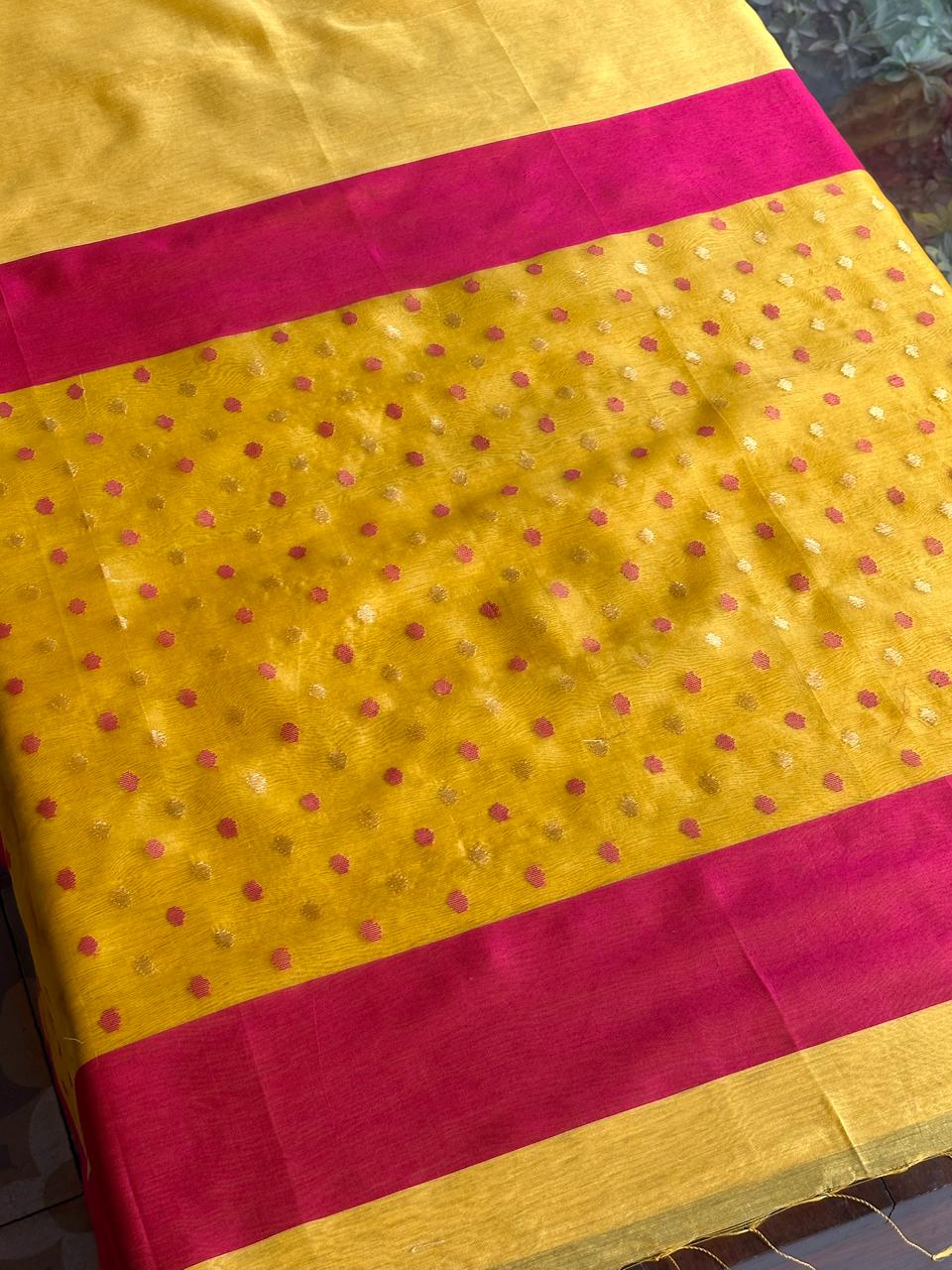 Yellow Woven Butta Saree with Contrast Pink Border