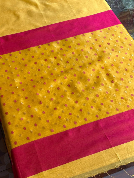 Yellow Woven Butta Saree with Contrast Pink Border