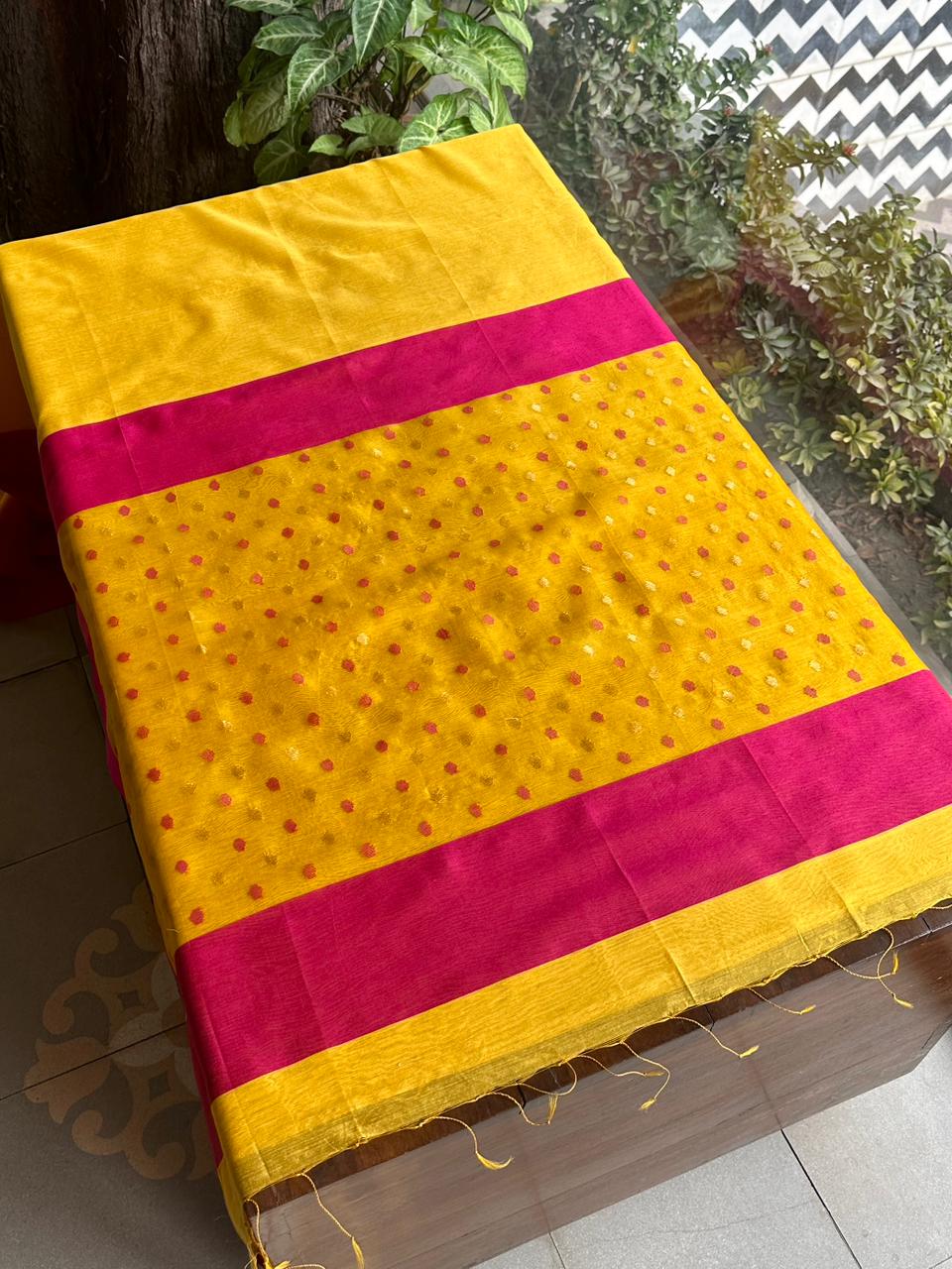 Yellow Woven Butta Saree with Contrast Pink Border