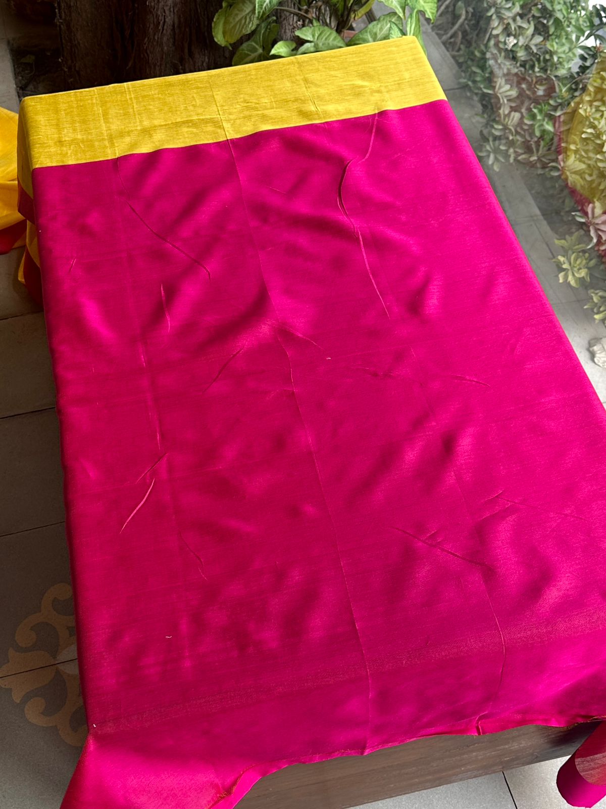 Yellow Woven Butta Saree with Contrast Pink Border