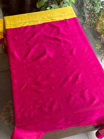 Yellow Woven Butta Saree with Contrast Pink Border