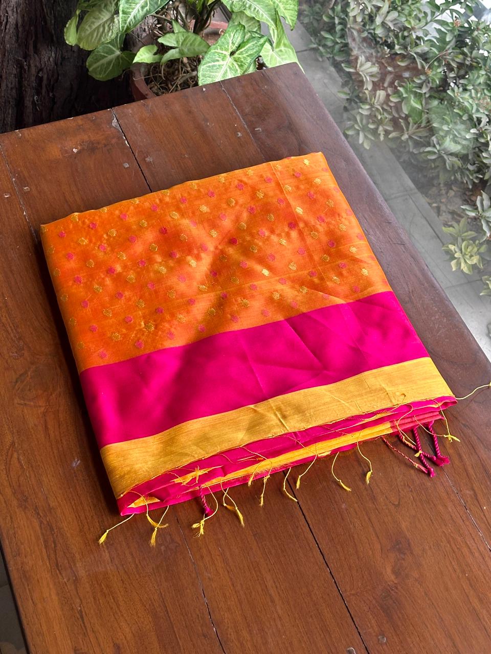 Yellow Woven Butta Saree with Contrast Pink Border