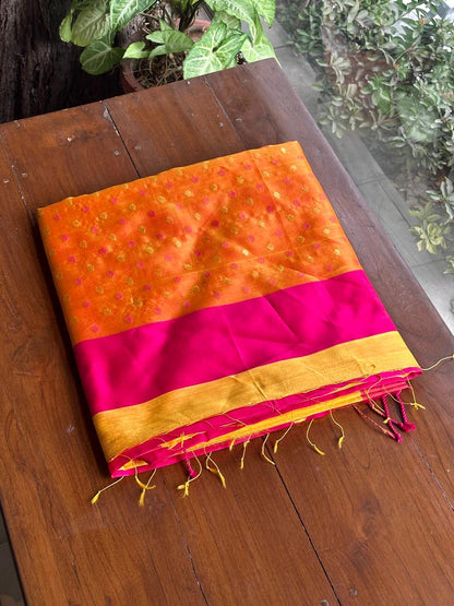 Yellow Woven Butta Saree with Contrast Pink Border