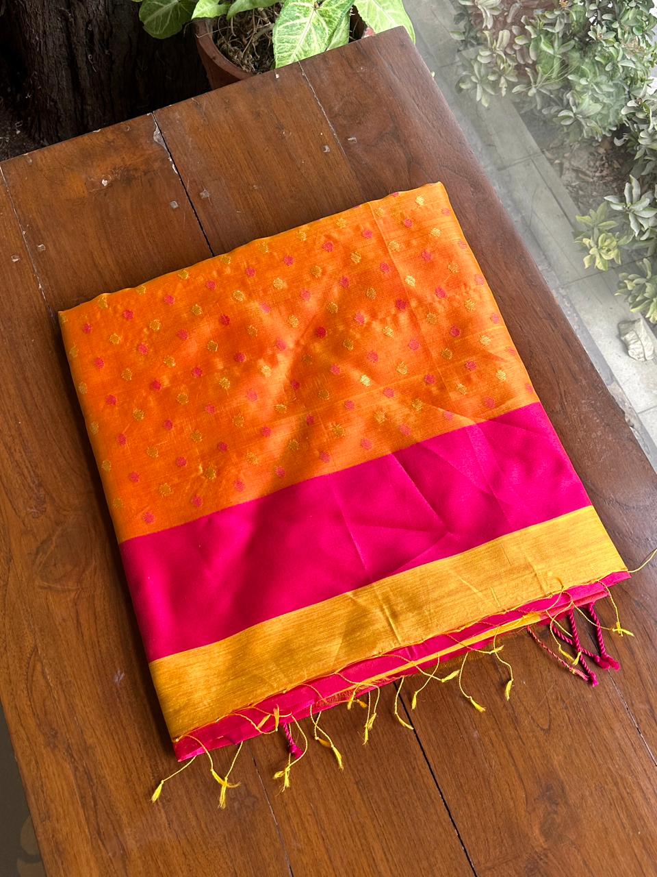 Yellow Woven Butta Saree with Contrast Pink Border