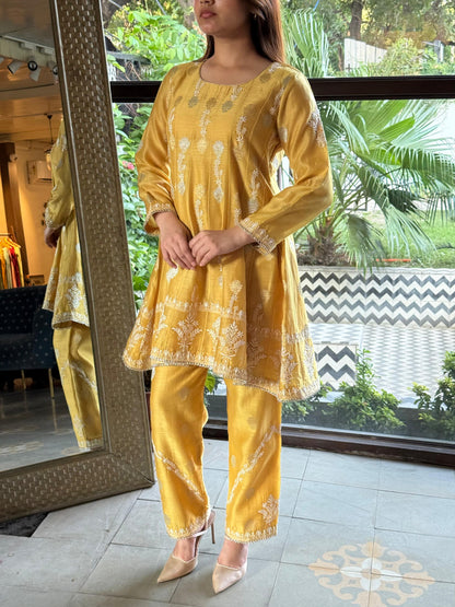 Yellow Zari Chanderi Chikankari Co-Ord Set