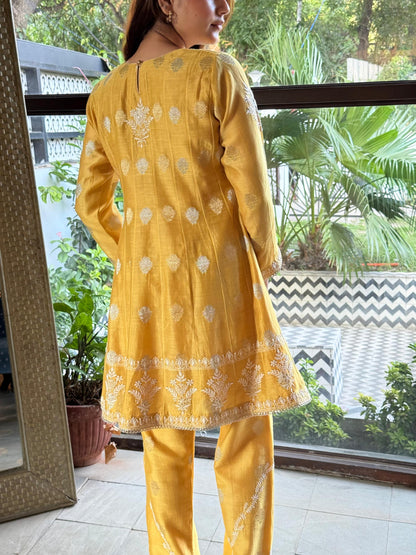 Yellow Zari Chanderi Chikankari Co-Ord Set
