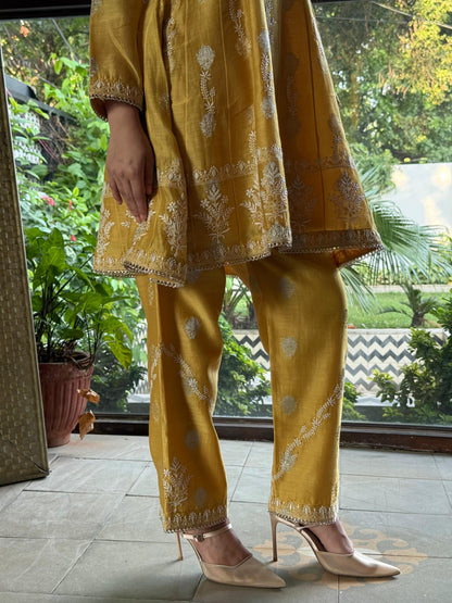 Yellow Zari Chanderi Chikankari Co-Ord Set
