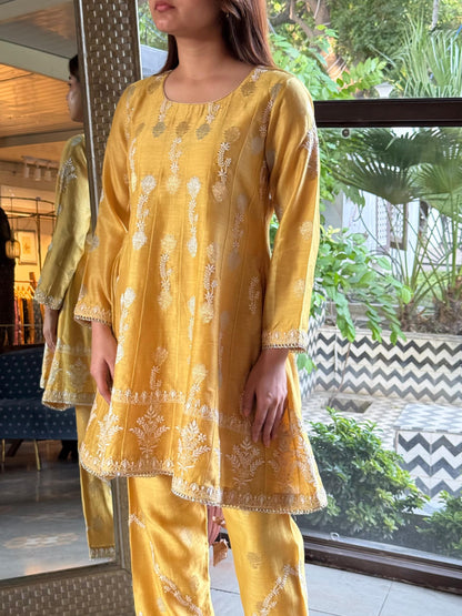 Yellow Zari Chanderi Chikankari Co-Ord Set