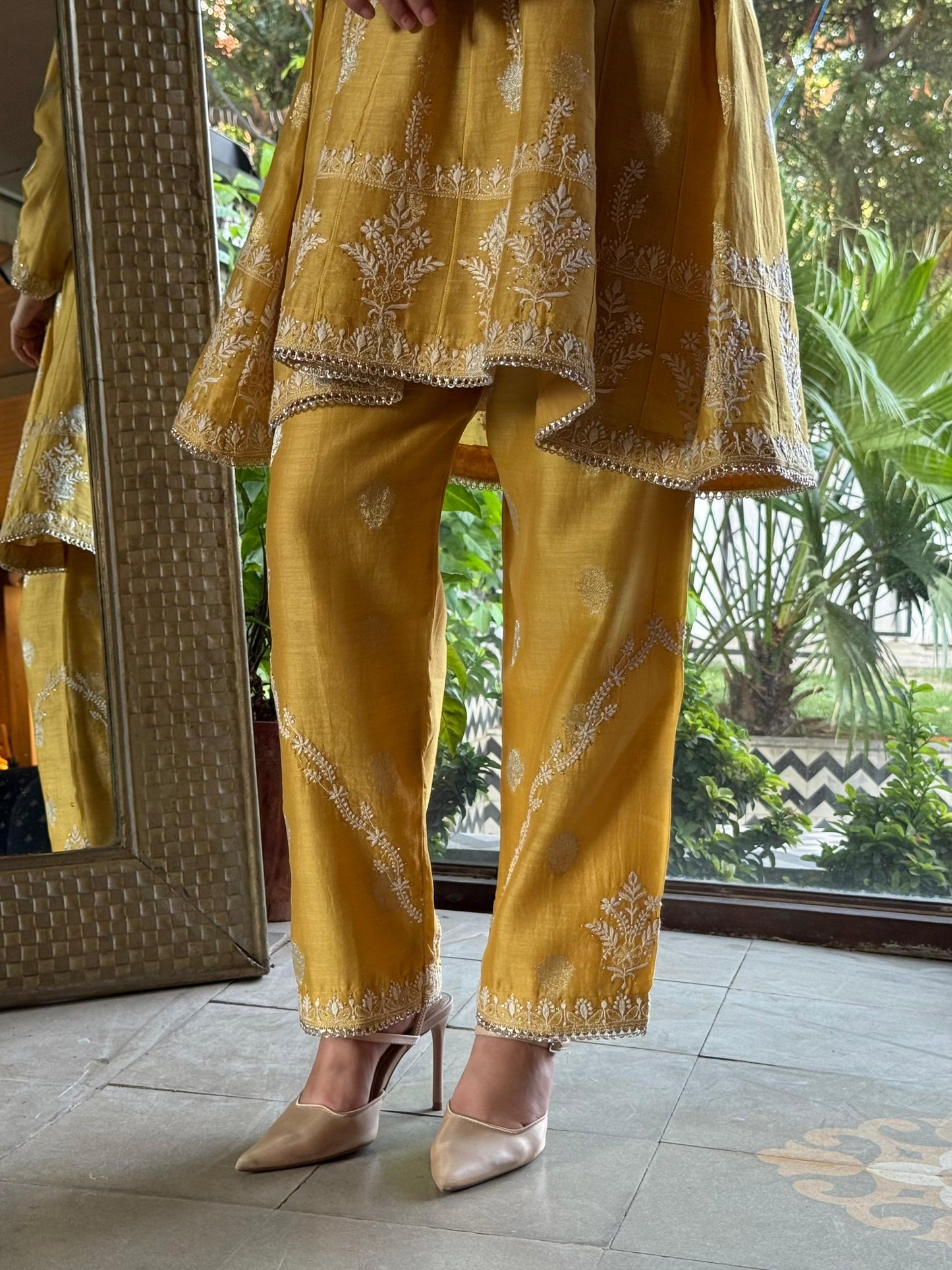 Yellow Zari Chanderi Chikankari Co-Ord Set