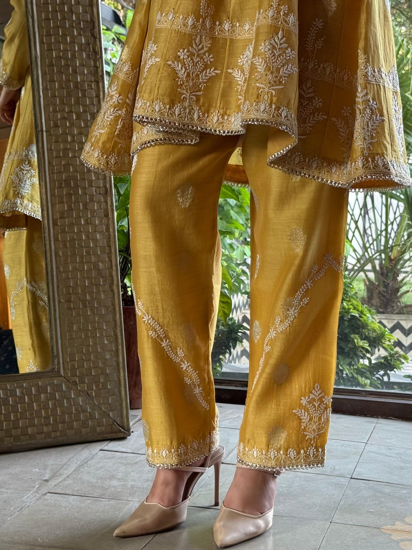 Yellow Zari Chanderi Chikankari Co-Ord Set