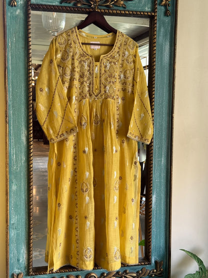 Yellow Zari Chanderi Chikankari Ready to Wear Tunics