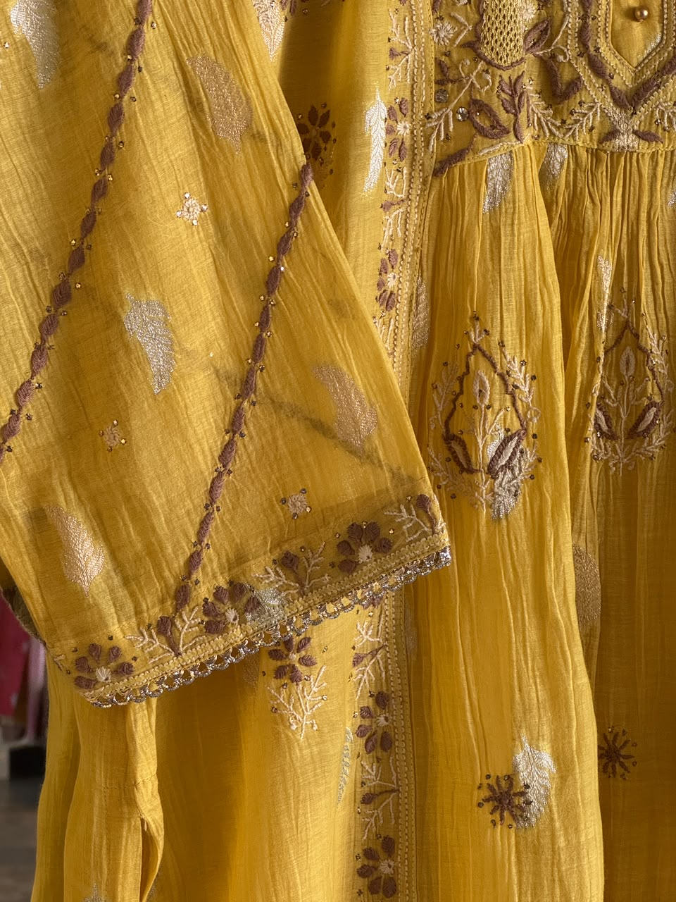 Yellow Zari Chanderi Chikankari Ready to Wear Tunics