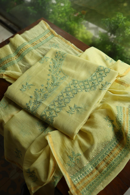 Yellow & Green Shade Mal Cotton Chikankari Unstitched Kurta Dupatta Fabric With Mukaish Kamdani