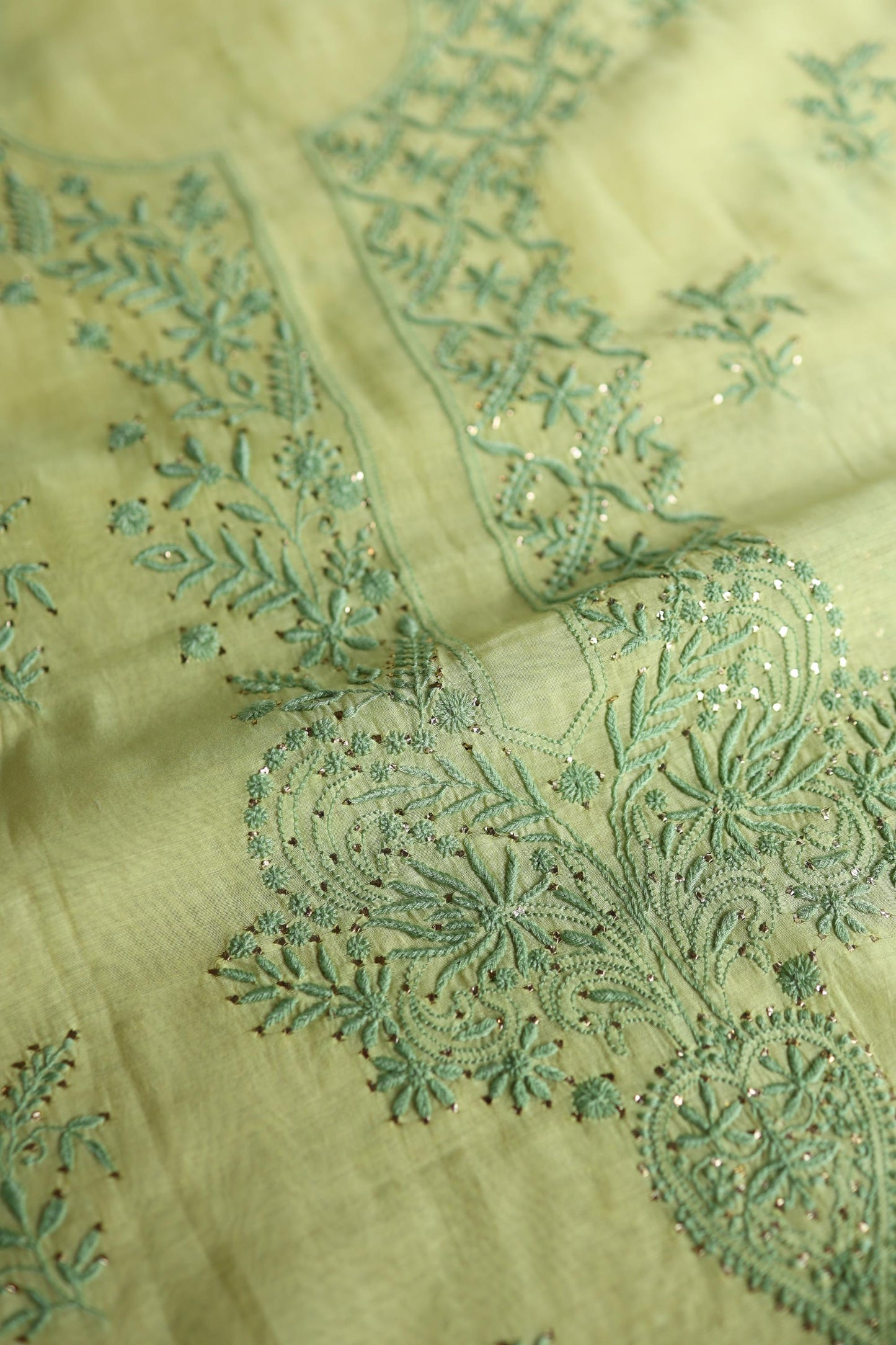 Yellow & Green Shade Mal Cotton Chikankari Unstitched Kurta Dupatta Fabric With Mukaish Kamdani