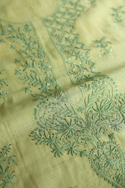 Yellow & Green Shade Mal Cotton Chikankari Unstitched Kurta Dupatta Fabric With Mukaish Kamdani