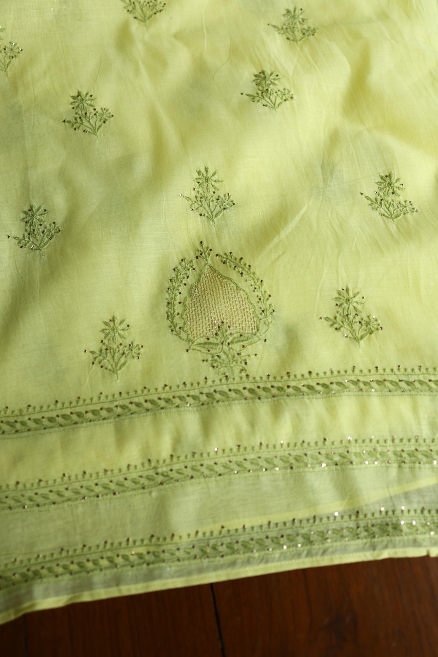 Yellow & Green Shade Mal Cotton Chikankari Unstitched Kurta Dupatta Fabric With Mukaish Kamdani