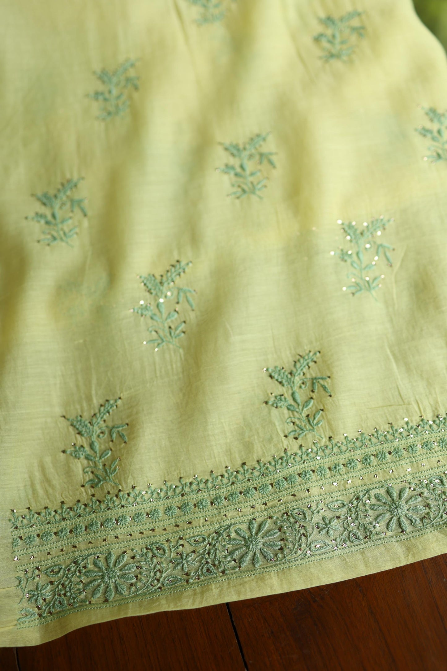 Yellow & Green Shade Mal Cotton Chikankari Unstitched Kurta Dupatta Fabric With Mukaish Kamdani