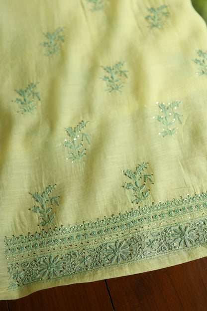 Yellow & Green Shade Mal Cotton Chikankari Unstitched Kurta Dupatta Fabric With Mukaish Kamdani