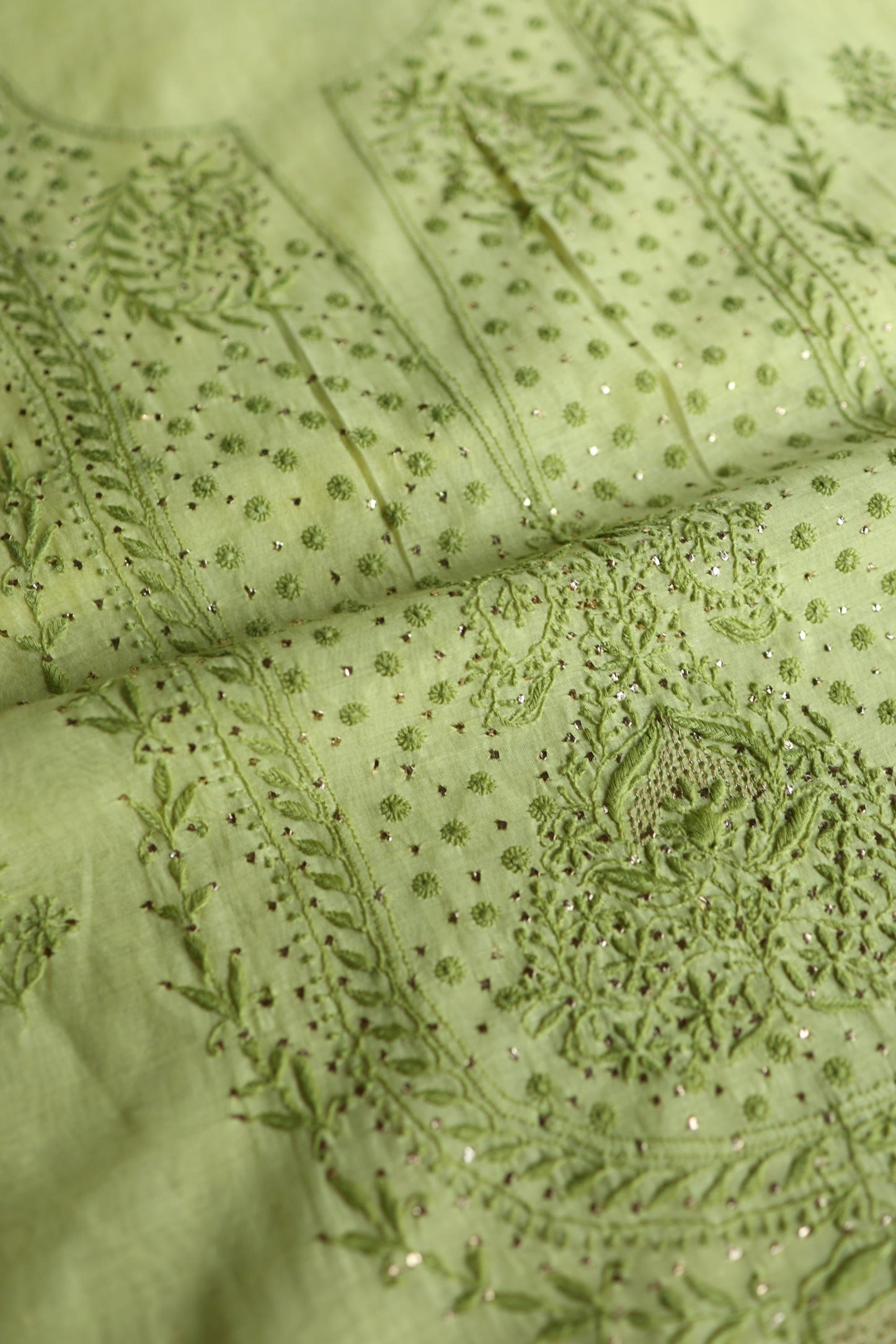 Yellow & Green Shade Mal Cotton Chikankari Unstitched Kurta Dupatta Fabric With Mukaish Kamdani