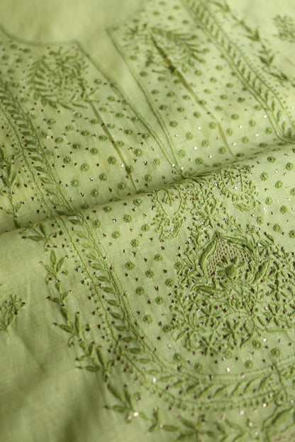Yellow & Green Shade Mal Cotton Chikankari Unstitched Kurta Dupatta Fabric With Mukaish Kamdani