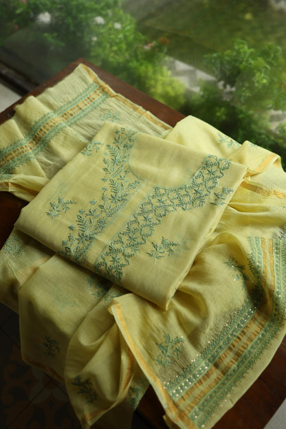 Yellow & Green Shade Mal Cotton Chikankari Unstitched Kurta Dupatta Fabric With Mukaish Kamdani