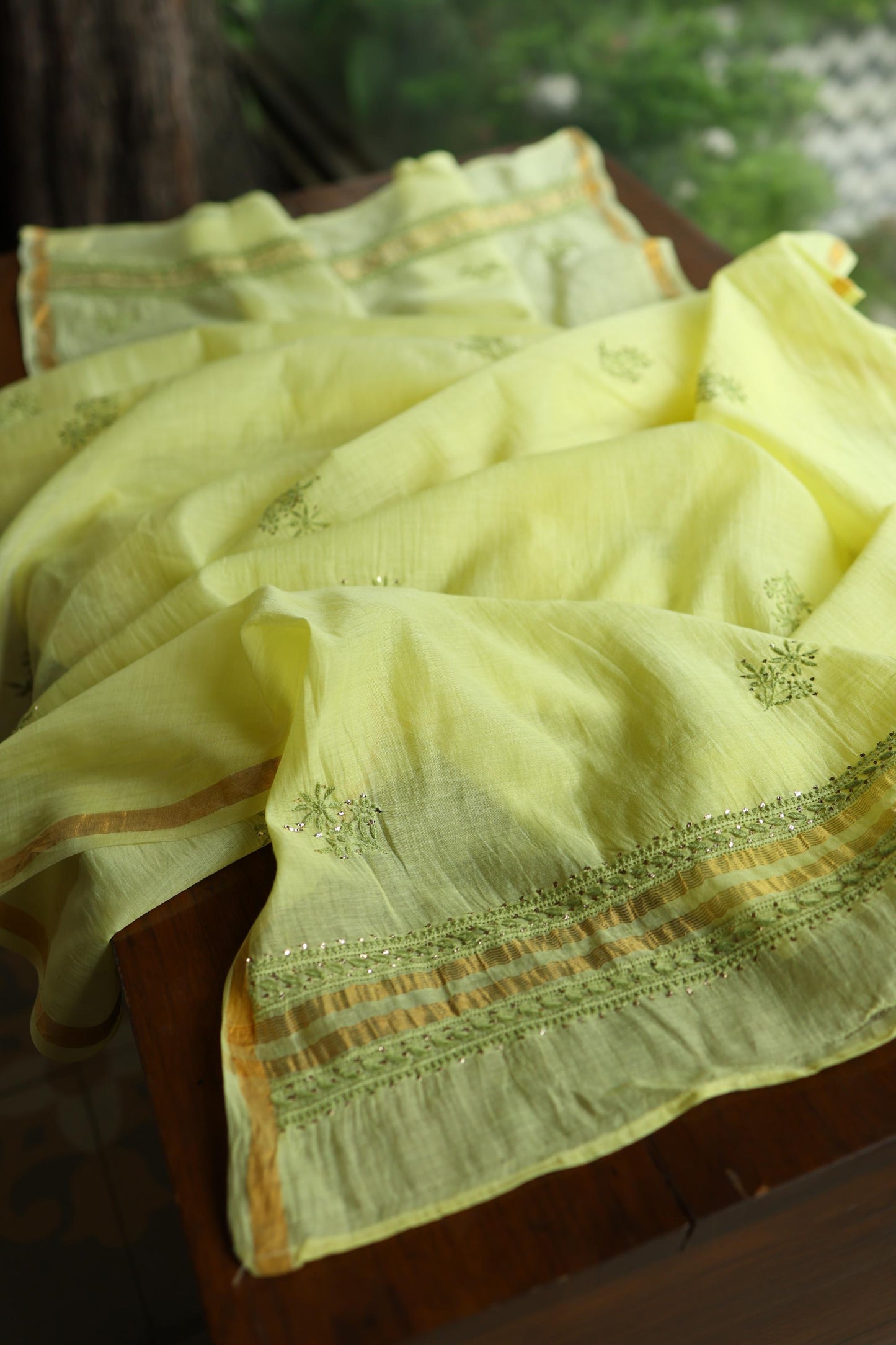 Yellow & Green Shade Mal Cotton Chikankari Unstitched Kurta Dupatta Fabric With Mukaish Kamdani