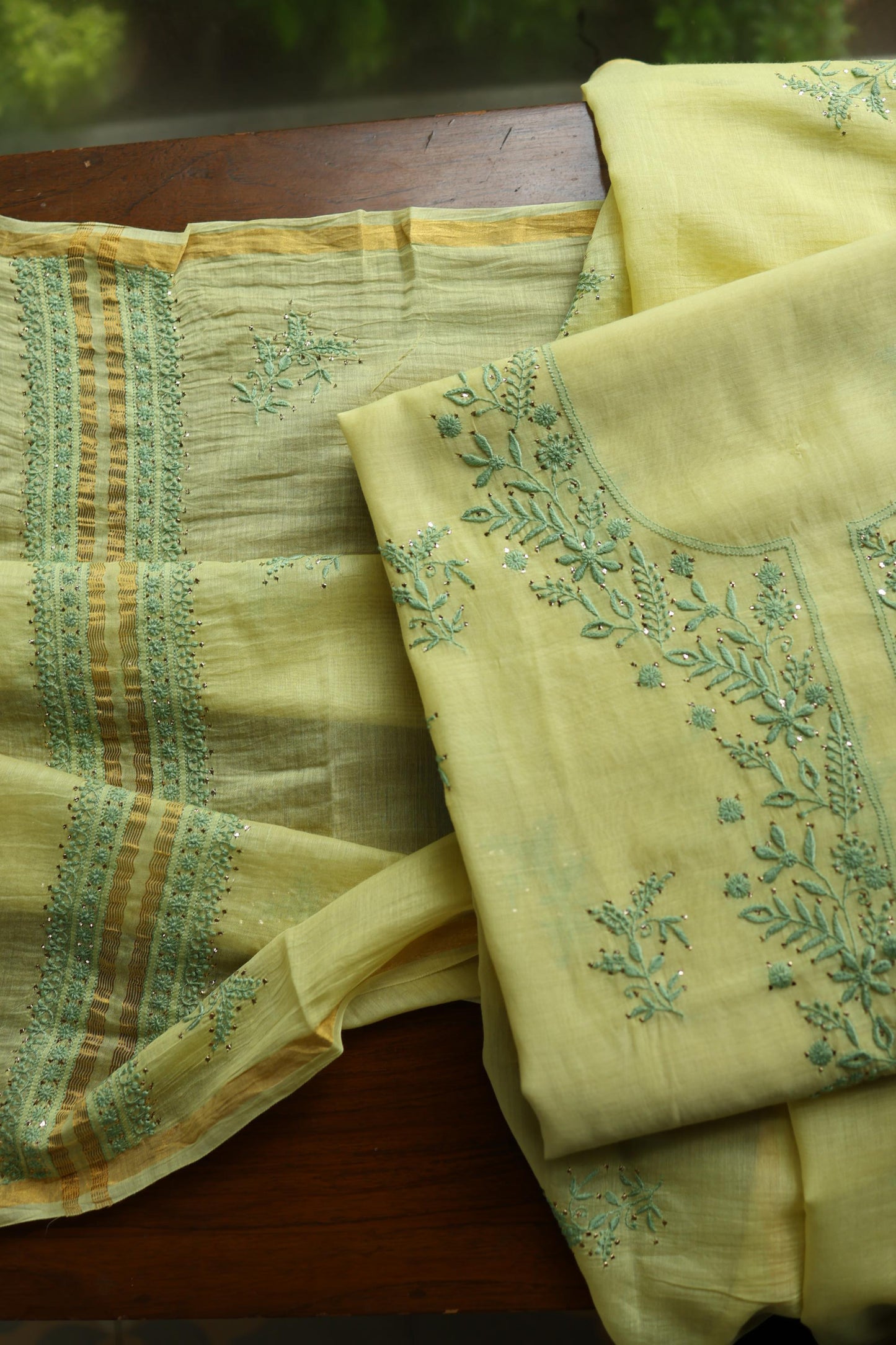 Yellow & Green Shade Mal Cotton Chikankari Unstitched Kurta Dupatta Fabric With Mukaish Kamdani