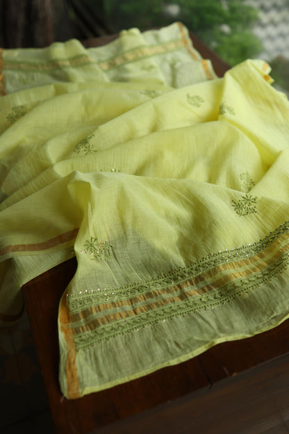 Yellow & Green Shade Mal Cotton Chikankari Unstitched Kurta Dupatta Fabric With Mukaish Kamdani