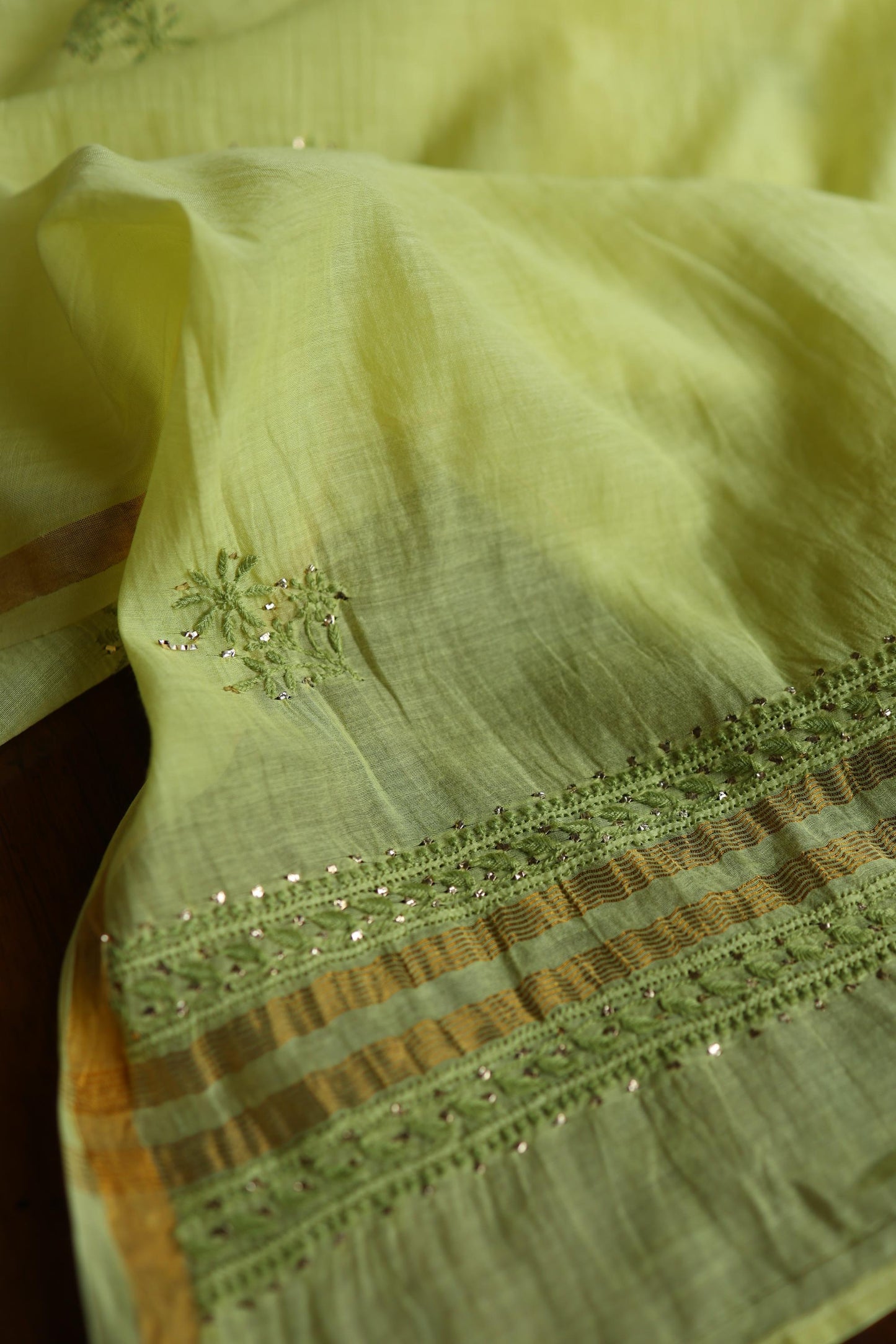 Yellow & Green Shade Mal Cotton Chikankari Unstitched Kurta Dupatta Fabric With Mukaish Kamdani
