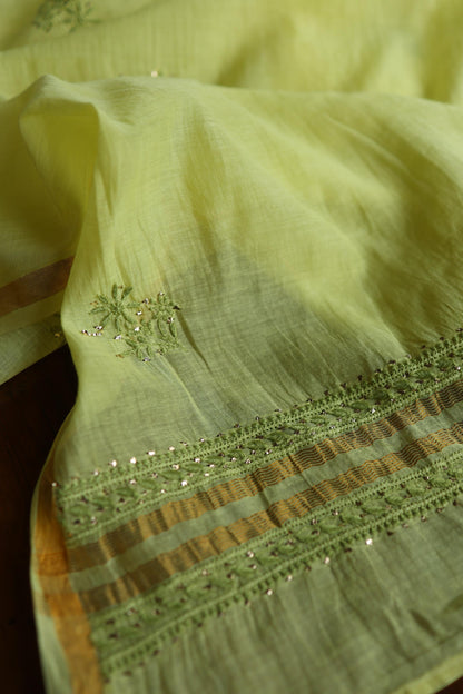 Yellow & Green Shade Mal Cotton Chikankari Unstitched Kurta Dupatta Fabric With Mukaish Kamdani