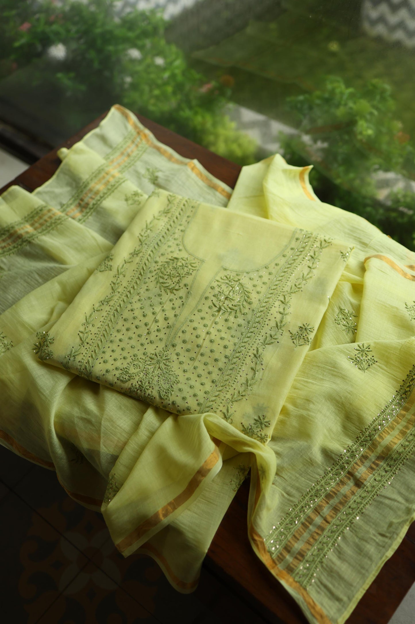 Yellow & Green Shade Mal Cotton Chikankari Unstitched Kurta Dupatta Fabric With Mukaish Kamdani